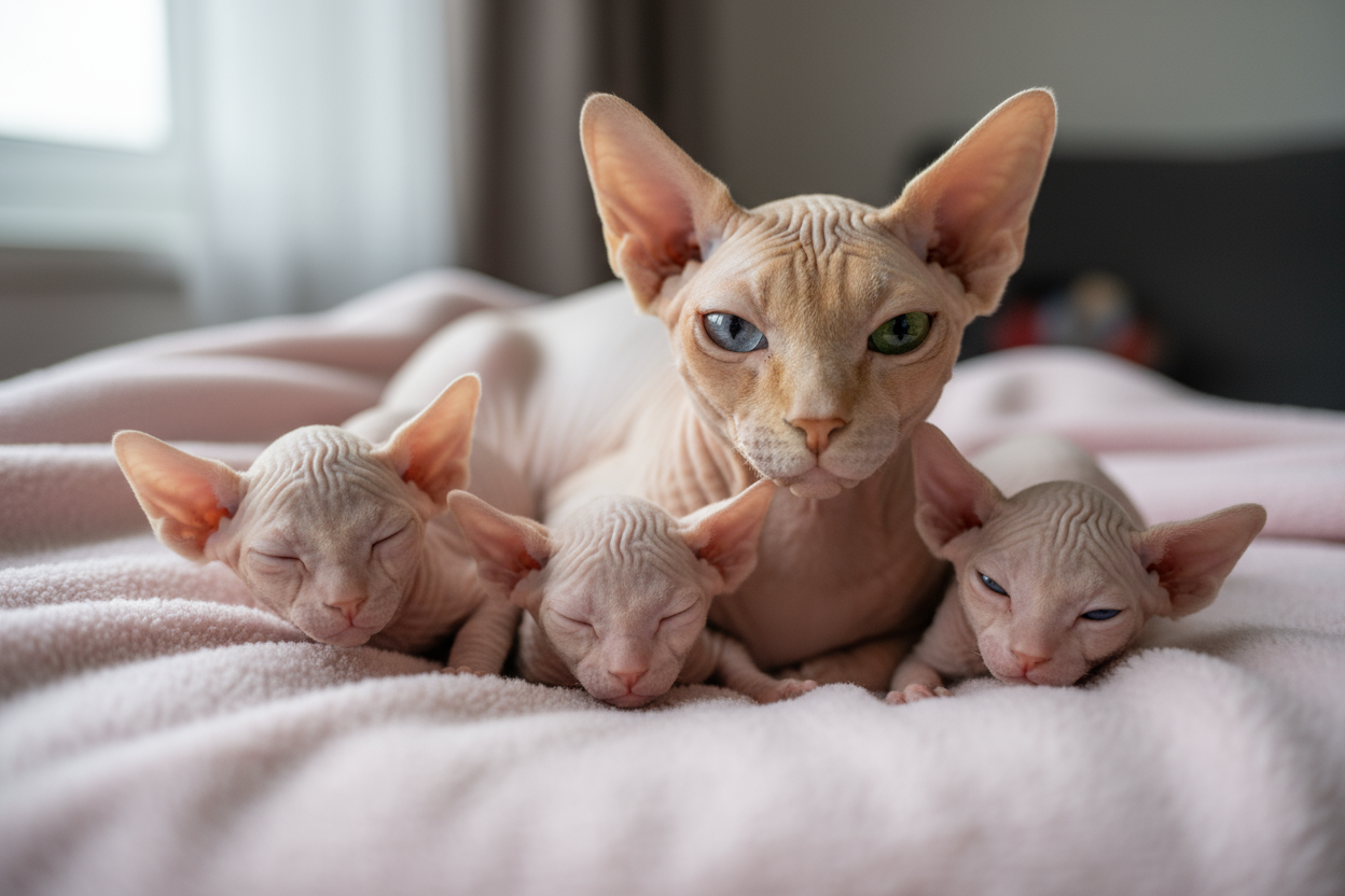 Camada de gatos egipcios sin pelo Sphynx de Topcats descansando junto a su madre sobre una manta rosa.