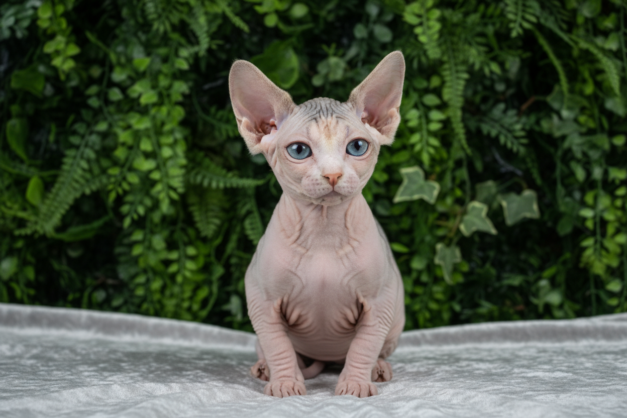 Gato egipcio sin pelo Sphynx Bambino de Topcats con piel rosada y cabeza gris posando sobre una manta gris frente a fondo verde de plantas. Imagen que muestra la belleza del gato egipcio en su versión Bambino. Descubre en Topcats más sobre esta raza sin pelo y su carácter cariñoso.