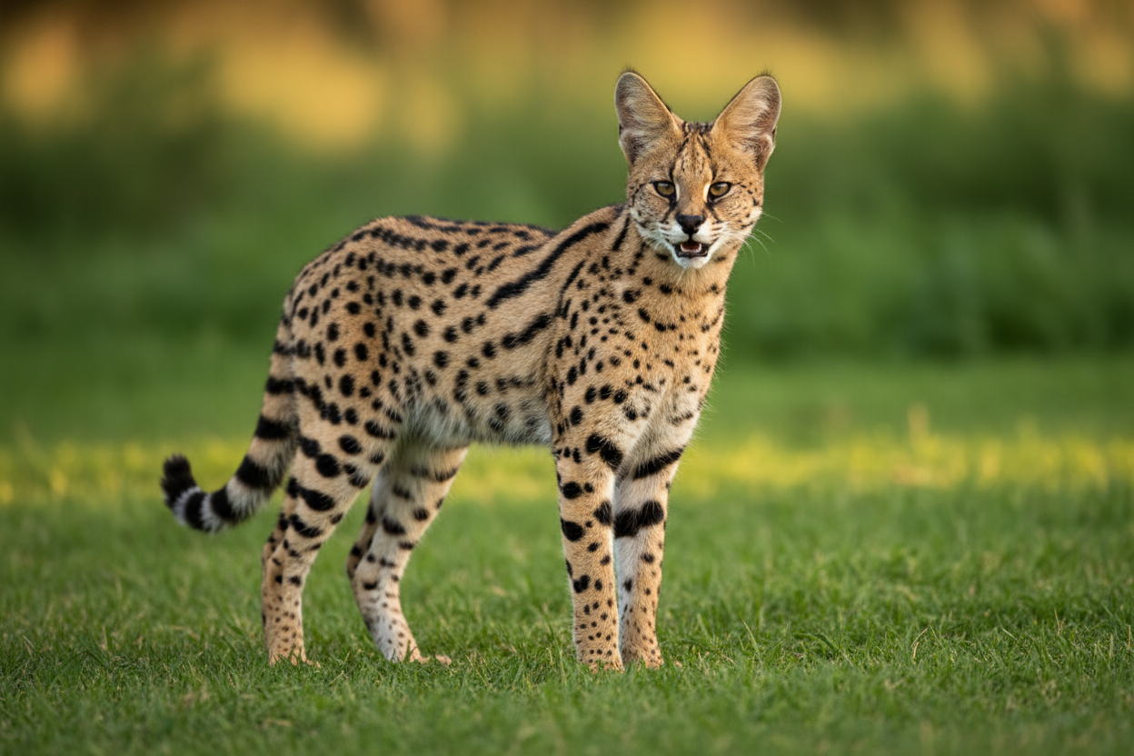 Gato serval de Topcats caminando sobre hierba verde, mostrando su cuerpo esbelto y moteado, orejas grandes y mirada salvaje. Imagen ilustrativa del gato serval en España para entender su belleza natural, tamaño y comportamiento. Descubre más sobre su legalidad y precio en la web de Topcats.