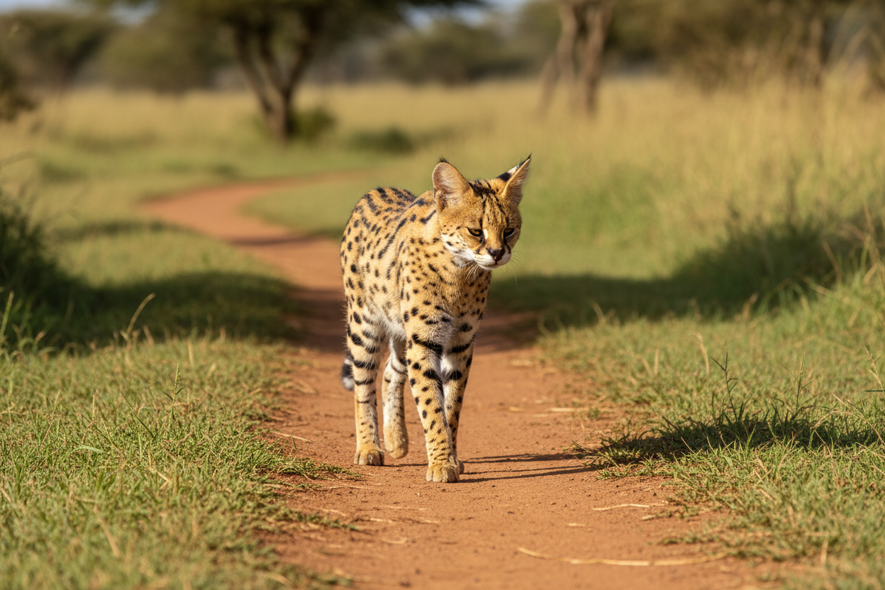Gato serval de Topcats caminando entre hierba y tierra, mostrando su elegante pelaje moteado y cuerpo esbelto. Imagen ilustrativa del gato serval en España que refleja su agilidad natural y su porte salvaje.