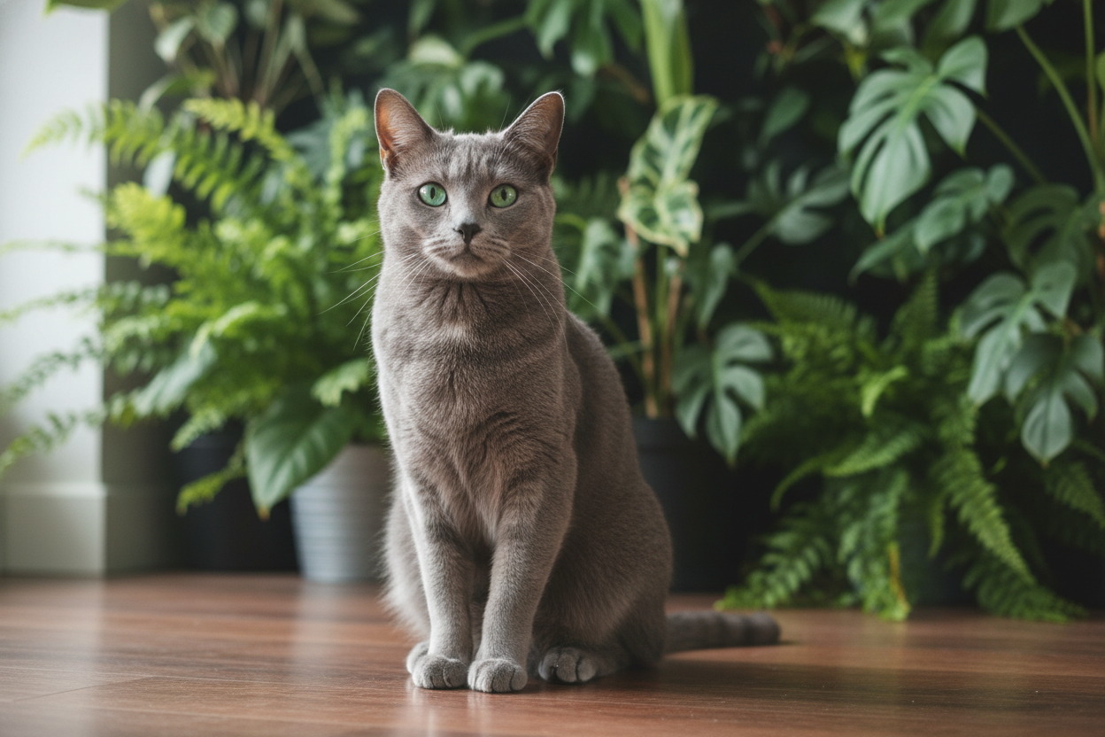 Gato gris Azul Ruso con ojos verdes – Topcats Gato gris de raza Azul Ruso con pelaje corto y brillante y ojos verdes intensos, mirando con expresión atenta frente a un fondo natural con plantas. Imagen real utilizada por Topcats para ilustrar razas de gato gris con mucho y poco pelo. Descubre más sobre el gato gris Azul Ruso y otras razas en Topcats.