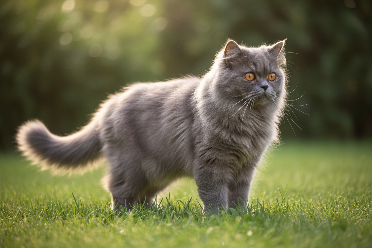 Gato gris persa de pelo largo en el jardín – Topcats Gato gris de raza persa con pelaje largo, denso y esponjoso, de ojos anaranjados intensos, caminando sobre el césped en un jardín verde. Imagen real utilizada por Topcats para ilustrar razas de gato gris con mucho y poco pelo. Descubre más sobre el gato gris persa y otras razas en la web de Topcats.