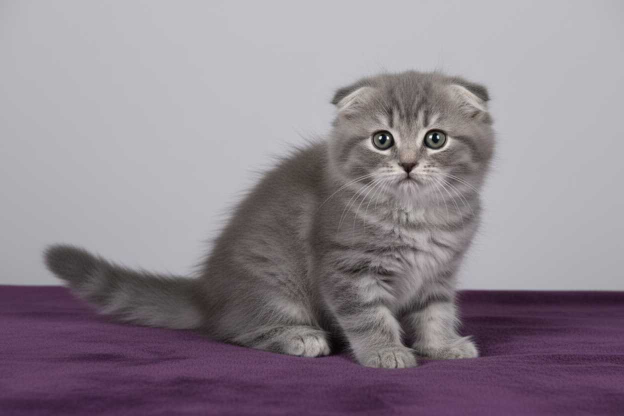 Cachorro de gato gris Scottish Fold de pelo largo – Topcats Cachorro de gato gris de raza Scottish Fold de pelo largo, con orejas pequeñas y dobladas hacia adelante, ojos grandes y redondos, y pelaje esponjoso gris con tonos plateados. Imagen real utilizada por Topcats para ilustrar razas de gato gris con mucho y poco pelo. Descubre más sobre el gato gris Scottish Fold y otras razas en Topcats.