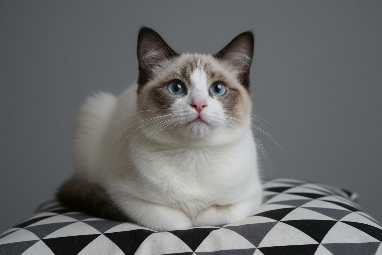 Gato ragdoll Topcats descansando sobre un cojín, con ojos azules intensos y pelaje bicolor esponjoso