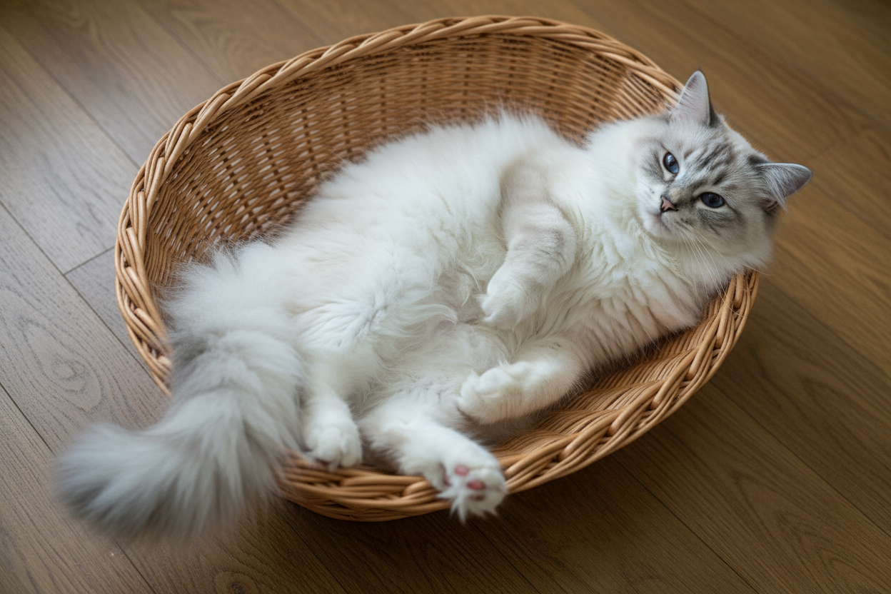 Gato ragdoll Topcats tumbado dentro de una cesta de mimbre, con el pelaje largo y claro extendido mientras adopta una postura relajada