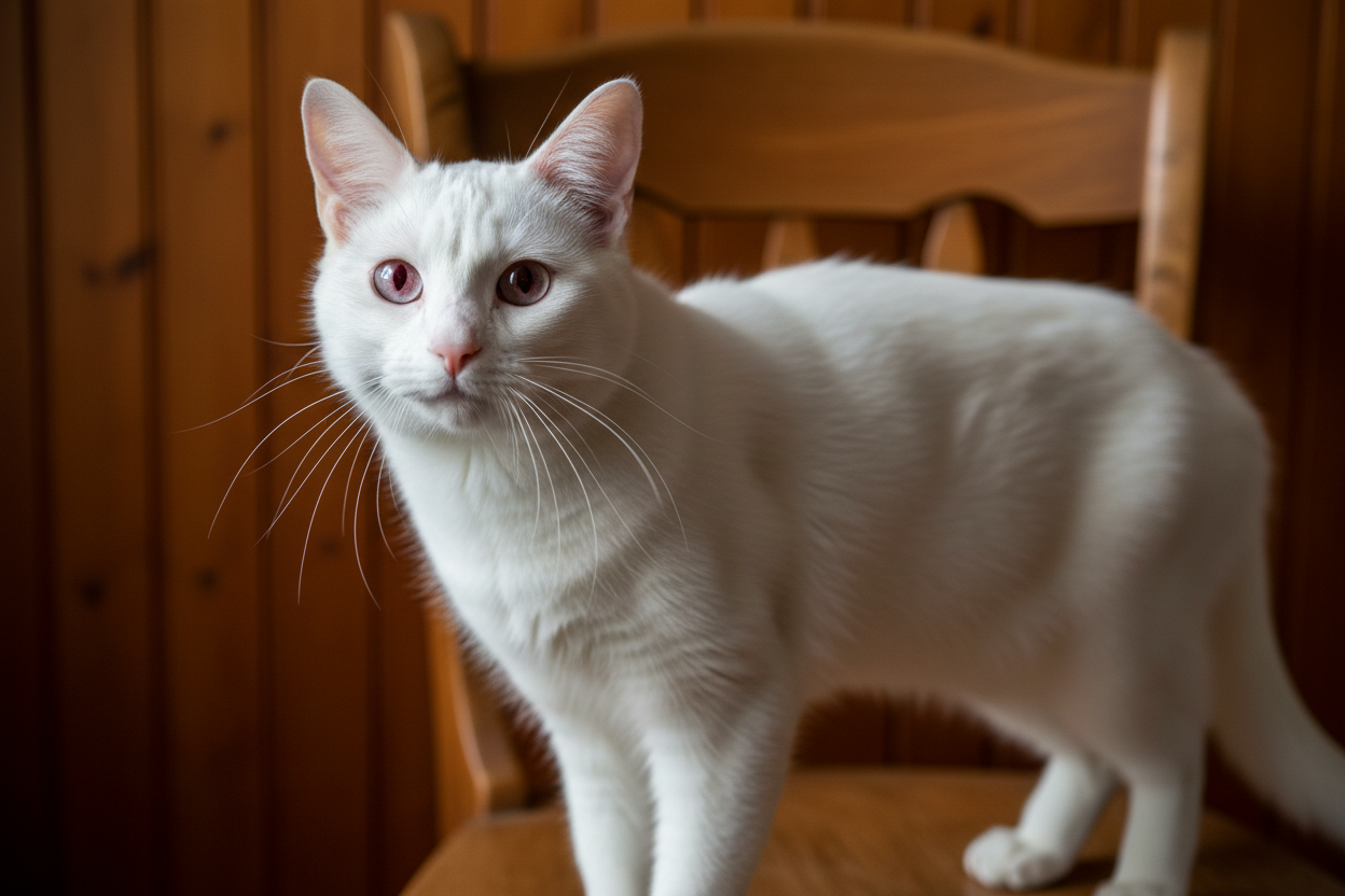 Gato blanco albino Topcats con ojos rojizos en interior Gato blanco albino Topcats con ojos rojizos y pelaje completamente blanco, de pie en interior con fondo de madera, ejemplo de gato blanco con ausencia de pigmentación