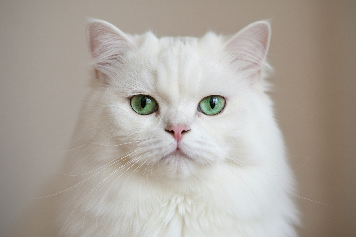 Gato blanco persa Topcats de ojos verdes en primer plano Gato blanco persa Topcats de pelo largo y abundante, con ojos verdes intensos y expresión tranquila en primer plano