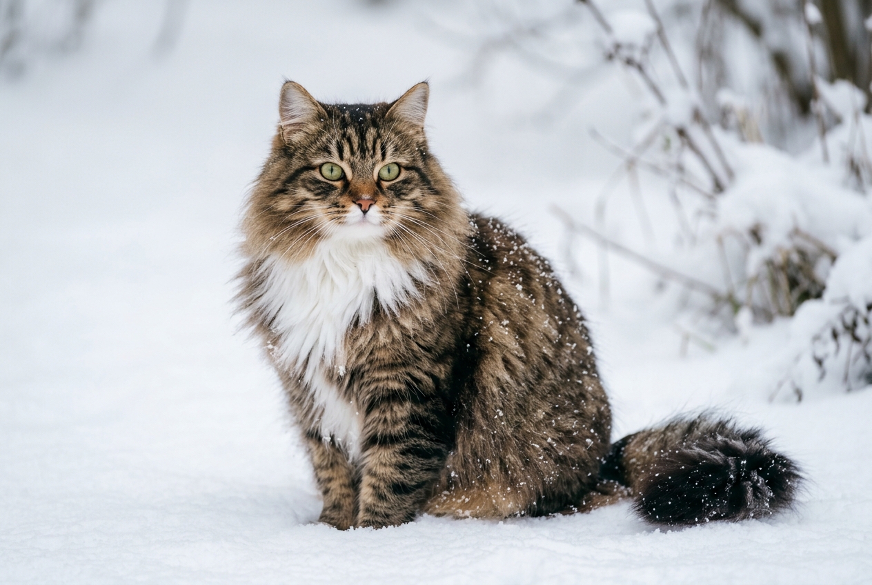Gato siberiano de pelo largo y abundante, con manto marrón atigrado, pecho blanco y ojos verdes, sentado sobre la nieve; una imagen muy representativa de los gatos peludos que puedes descubrir en Topcats.
