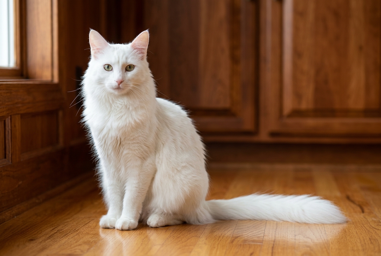 Angora turco blanco de pelo largo y sedoso, sentado sobre un suelo de madera frente a un fondo de paneles oscuros, con cola muy poblada y expresión atenta; una imagen muy representativa de los gatos peludos de Topcats.