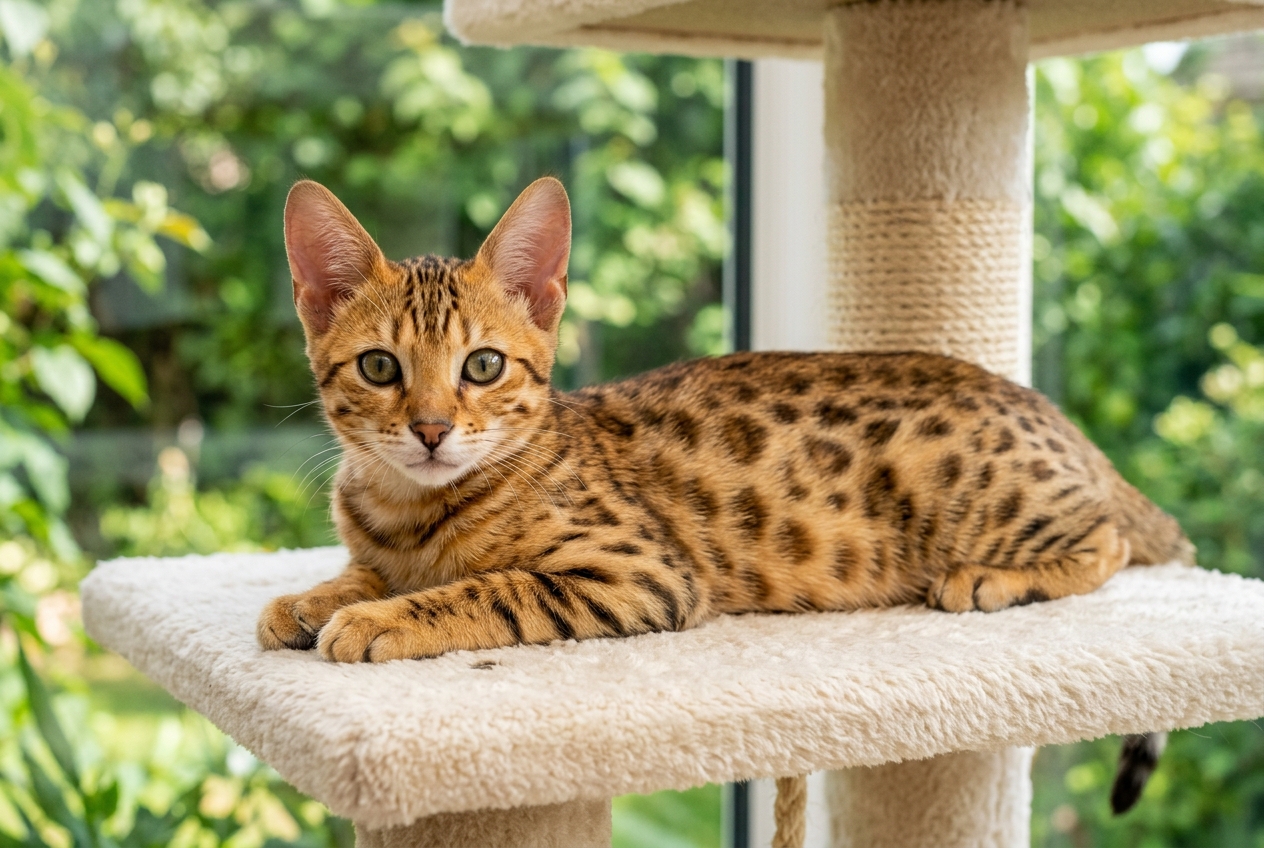 Cachorro de gato savannah Topcats tumbado en una plataforma de rascador, con pelaje moteado, orejas grandes y mirada atenta