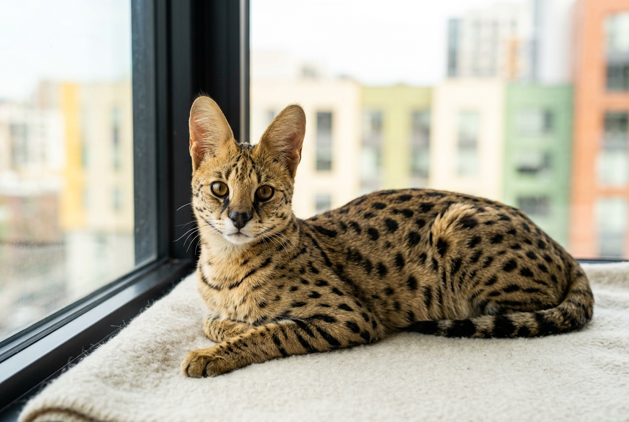 Gato savannah Topcats descansando junto a una ventana en un interior luminoso, con pelaje moteado, orejas grandes y mirada atenta