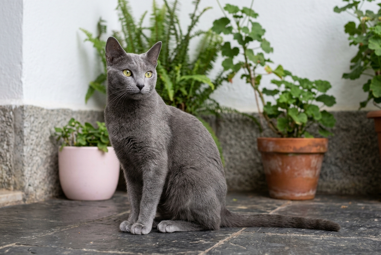Gato azul ruso de pelo gris azulado sentado en una terraza junto a macetas, mirando atento hacia la cámara con postura elegante.