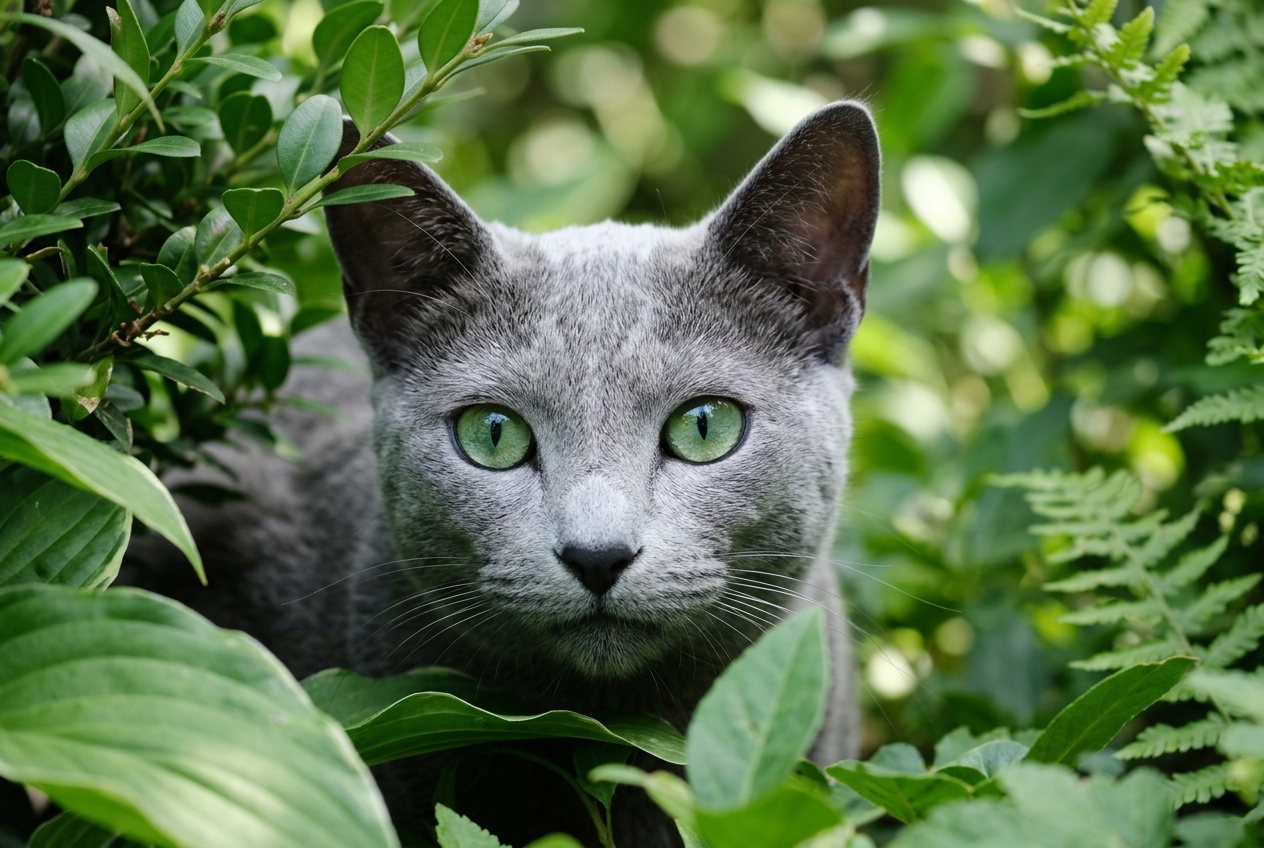 Gato azul ruso de pelo gris azulado y ojos verdes mirando de frente entre hojas verdes, con expresión tranquila y curiosa.