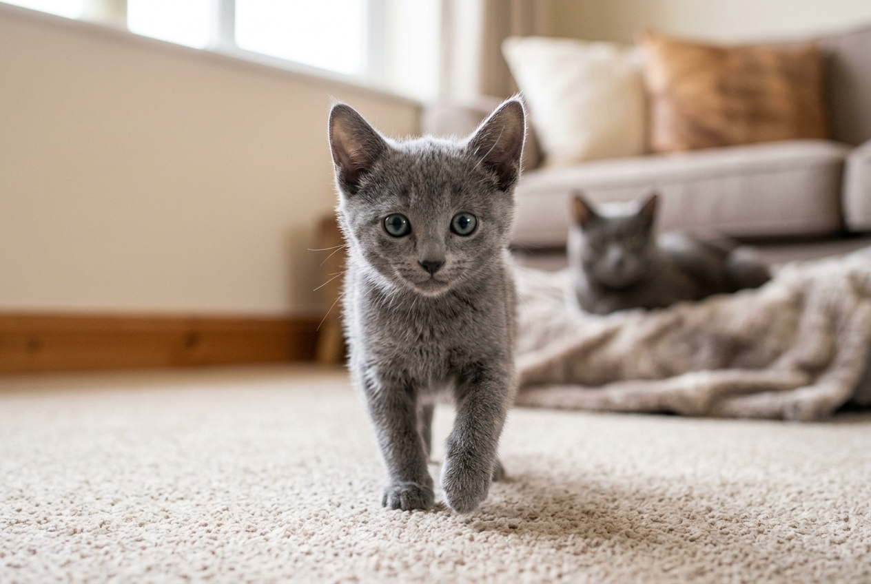 Gato azul ruso cachorro de pelo gris azulado caminando sobre una alfombra clara, con mirada atenta y otro gato desenfocado al fondo.