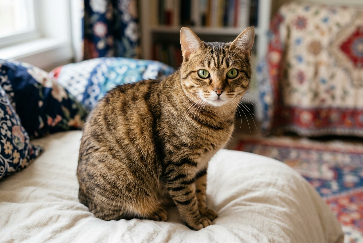 Gato chino Dragon Li o Li Hua Mao de pelaje atigrado marrón, sentado sobre una superficie clara y mirando a cámara con ojos verdes y expresión atenta.