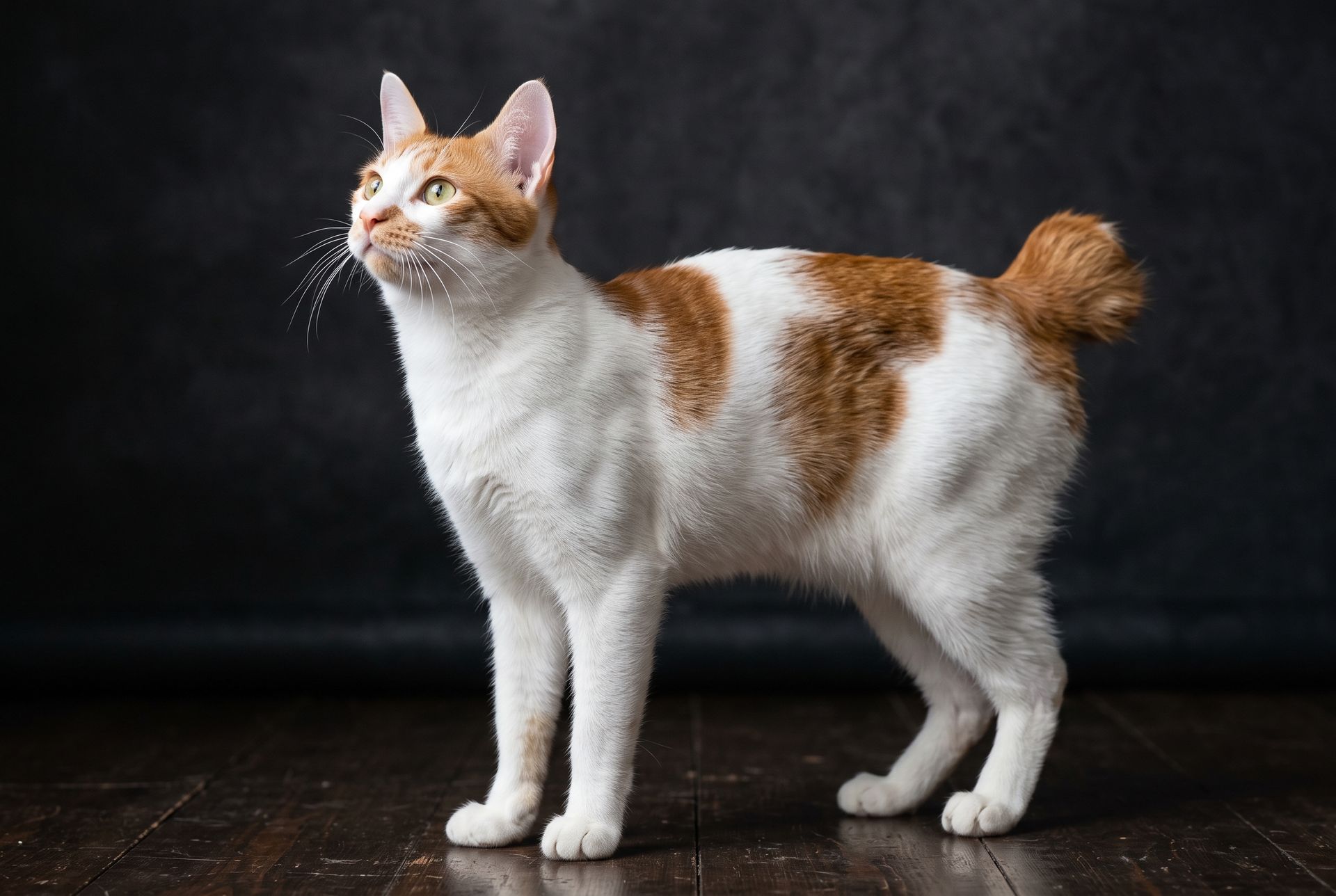 Gato Bobtail japonés blanco y naranja, de cola corta y curvada, mirando hacia arriba, usado para comparar razas orientales con el gato chino.
