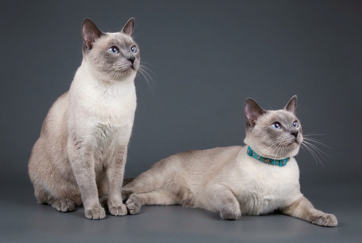 Dos gatos siameses de tipo tradicional y variedad blue point, con los puntos en gris azulado sobre el cuerpo crema y los ojos azules, sobre fondo gris de estudio.