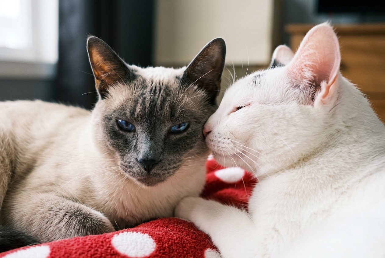 Un gato siames seal point descansando junto a un gato blanco que le acaricia el hocico, tumbados sobre una manta roja de lunares en el salon de una casa.