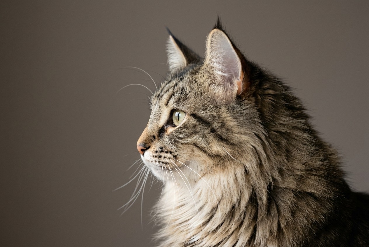 Perfil de un gato bosque de noruega mostrando la línea recta de la frente a la nariz, el rasgo que lo diferencia del maine coon