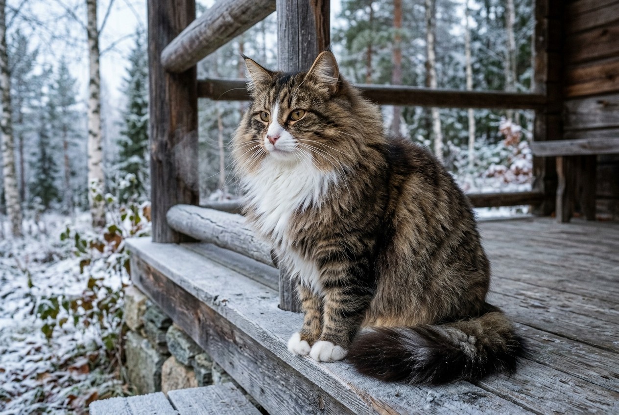 Detalle del pelaje de invierno de un gato bosque de noruega con gorguera completa y pantalones en las patas traseras