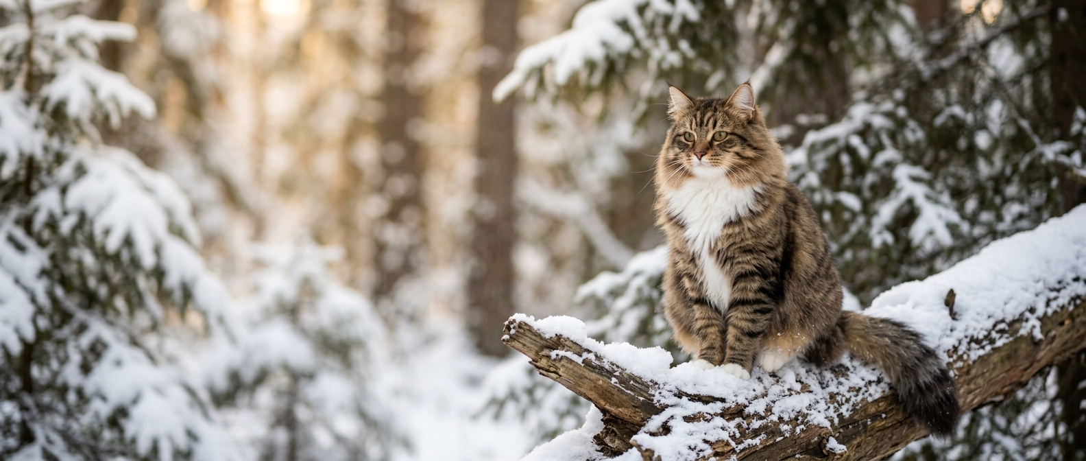 Gato siberiano adulto con el manto de invierno completo, gorguera y pantalones de pelo, sentado sobre un tronco cubierto de nieve en un bosque de abetos