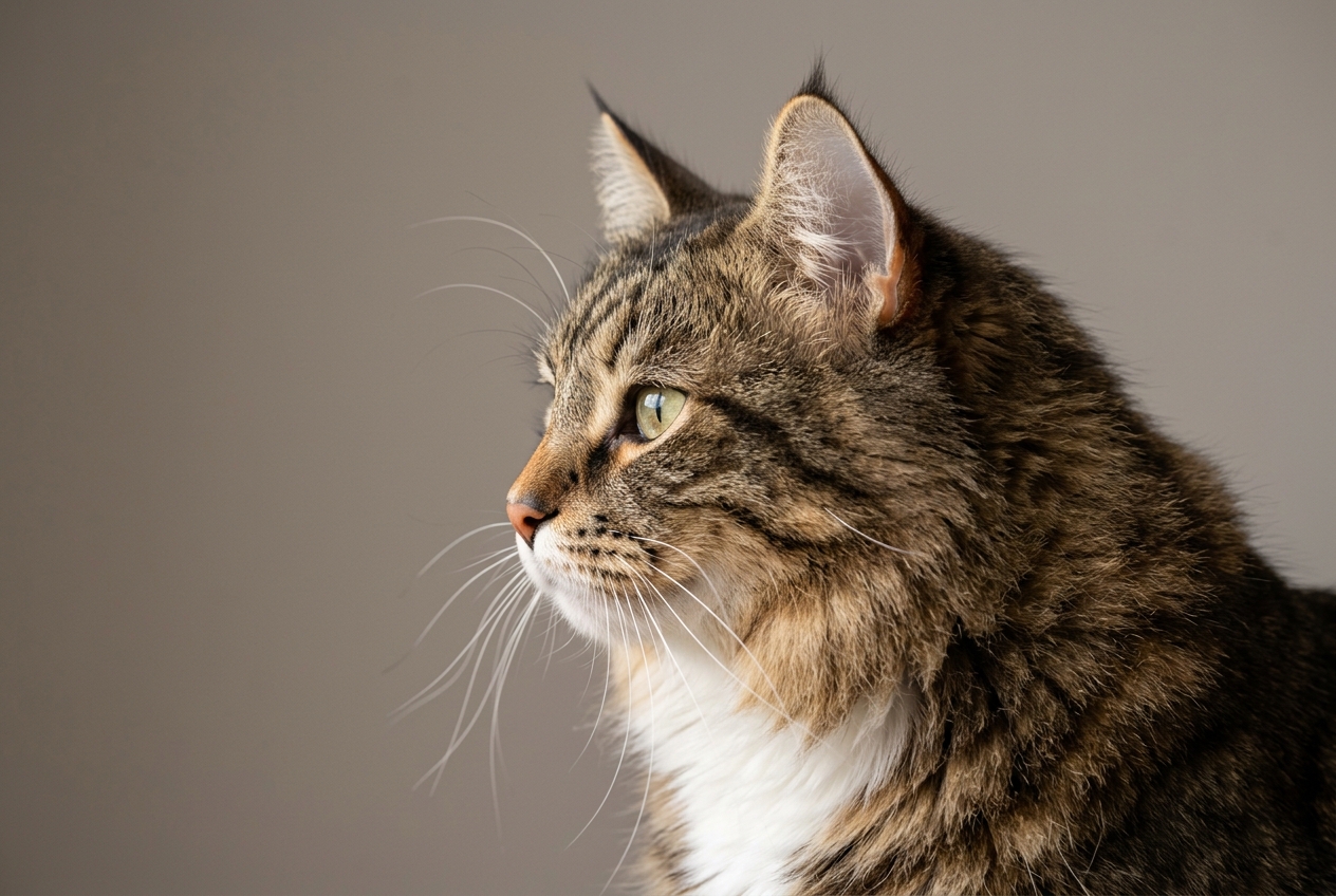 Perfil de la cabeza de un gato siberiano mostrando la nariz con una ligera hendidura sin escalón, la barbilla curvada y las orejas con pinceles, los rasgos del estándar de la raza