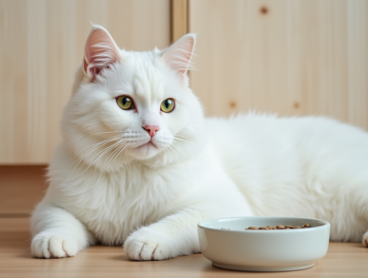 Gato British Shorthair blanco con ojos verdes y una expresión tranquila junto a un cuenco de comida, representando los colores del British Shorthair en Topcats