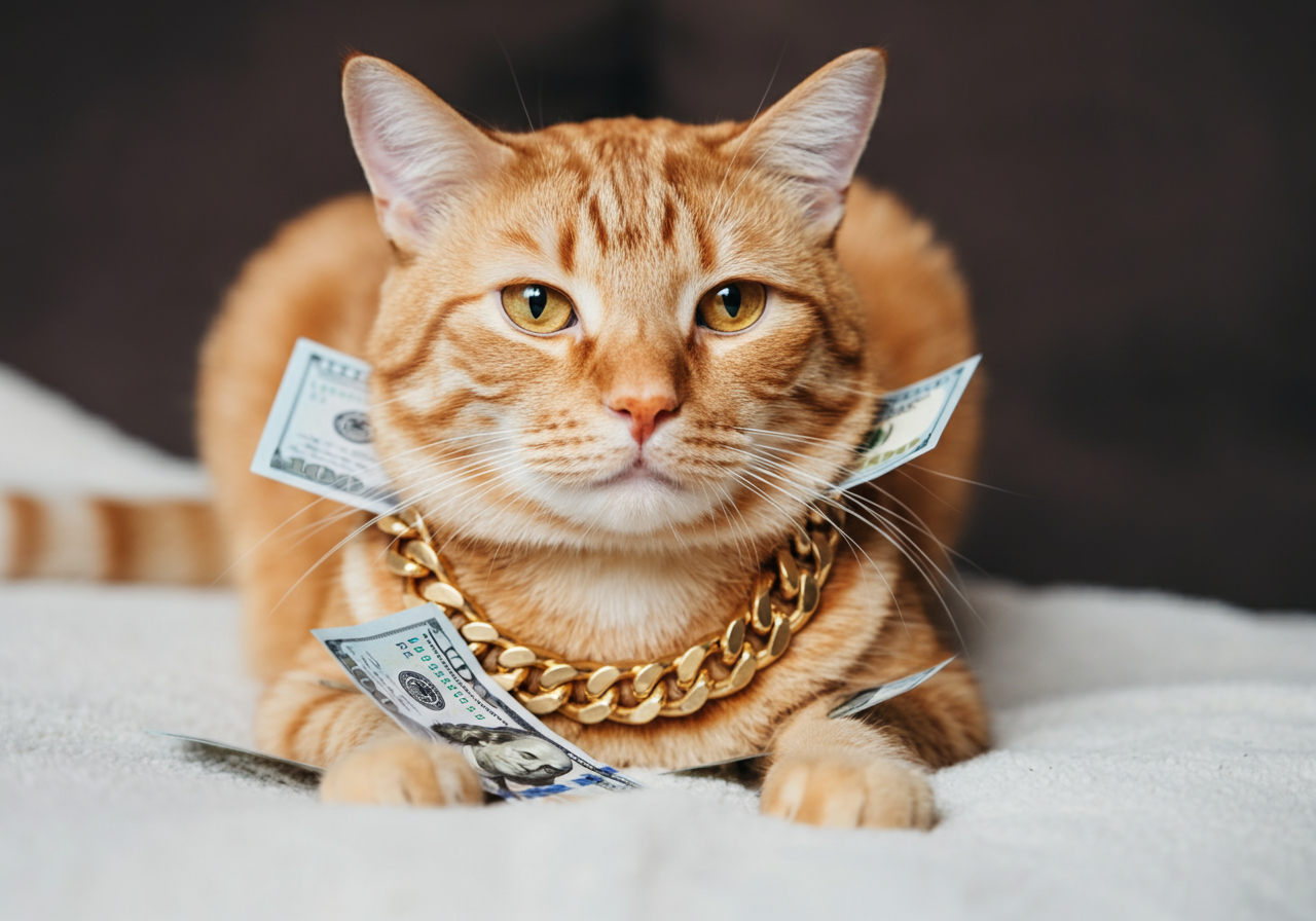 Gato anaranjado con expresión seria, tumbado sobre una manta con varios billetes de dólar encima y un collar dorado al cuello. Esta imagen humorística acompaña el artículo de Topcats sobre cuánto cuesta mantener un gato, poniendo el foco en los gastos reales que implica tener un felino en casa.