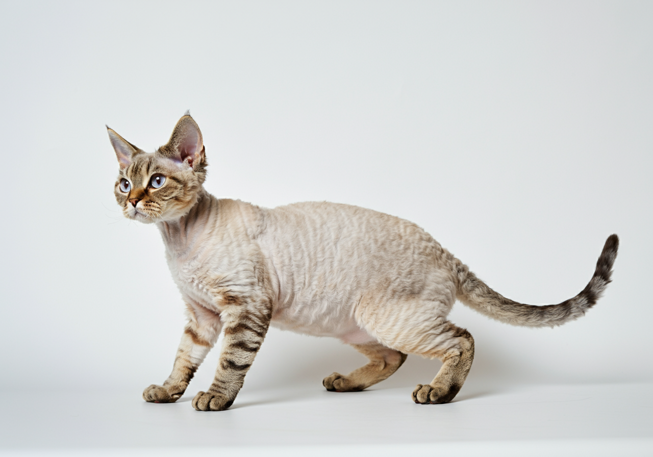 Gato hipoalergénico Devon Rex de Topcats con pelaje rizado beige y ojos azules, captado en un estudio de fondo blanco