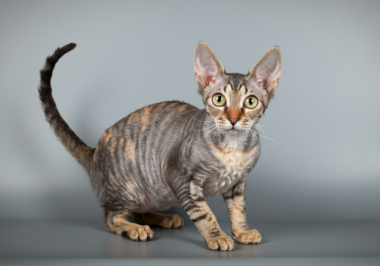 Gato hipoalergénico Cornish Rex de Topcats con pelaje rizado y moteado, grandes ojos verdes y orejas prominentes, fotografiado en estudio