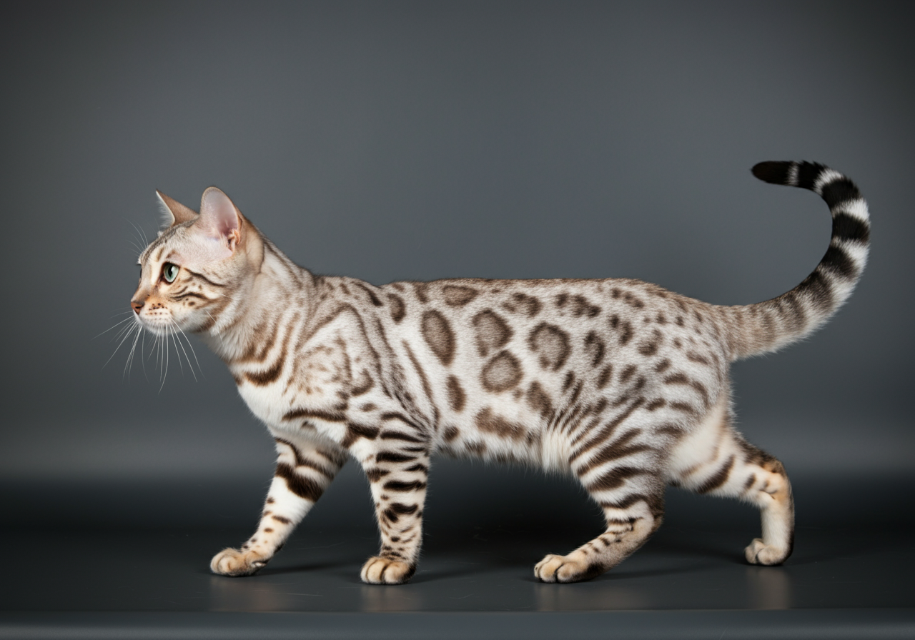 Ejemplar adulto de gato bengalí blanco Snow Sepia en Topcats, de perfil, mostrando su pelaje beige tostado con grandes rosetas oscuras y ojos dorados