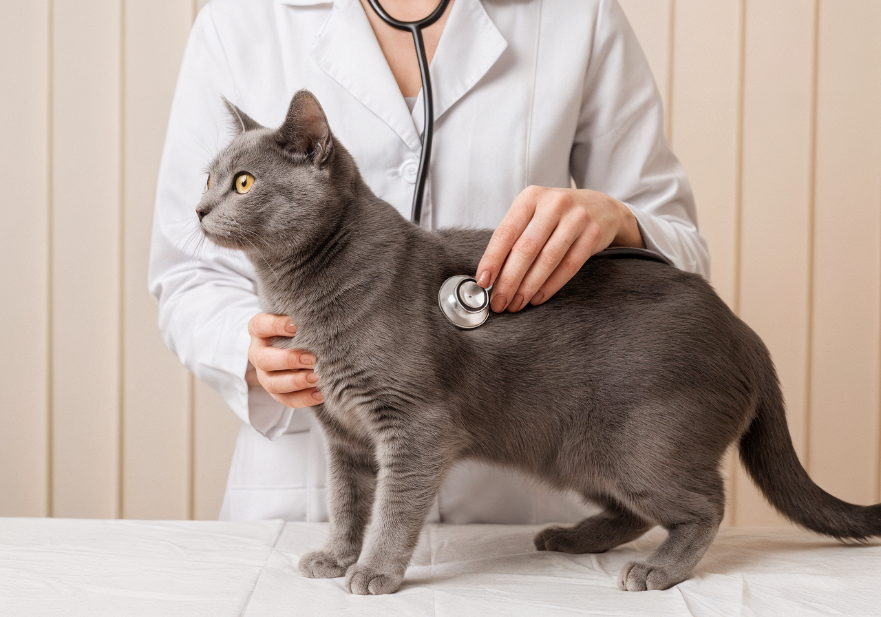 Revisión veterinaria con urbasonpara gatos en Topcats Gato gris de pelo corto siendo auscultado con un estetoscopio por una veterinaria antes de valorar el uso de urbasonpara gatos; escena tranquila que transmite cuidado profesional en la clínica de Topcats.