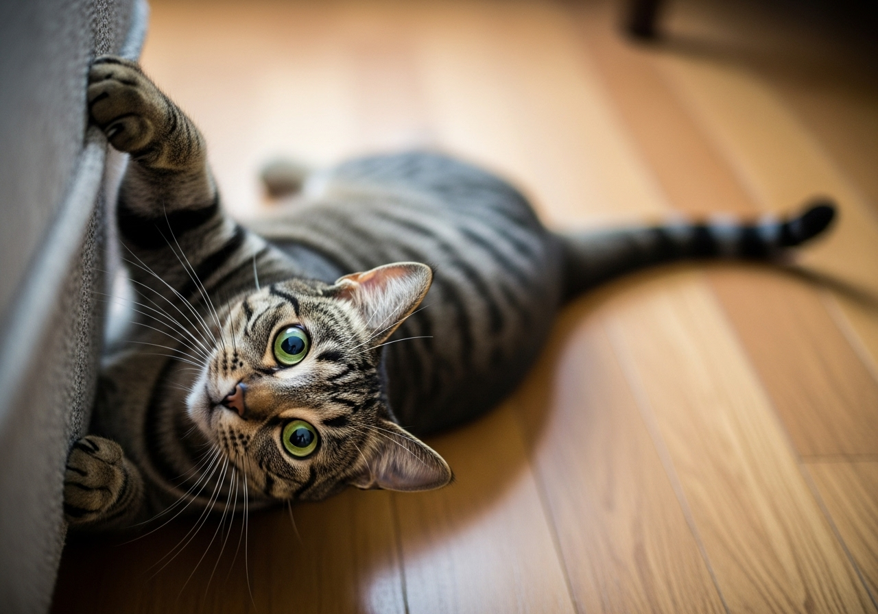 Gato Topcats en actitud alerta antes de valorar urbasonpara gatos Gato atigrado de ojos verdes tumbado de lado en el suelo de madera, mirando fijamente a cámara, en un momento de alerta que podría estar relacionado con síntomas tratados con urbasonpara gatos. Imagen de Topcats que refleja cómo detectar cambios de comportamiento.