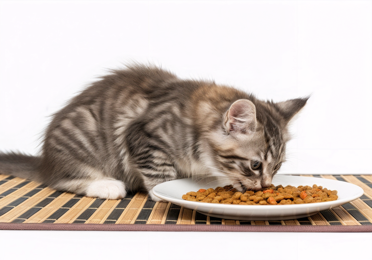Gatito pequeño de pelaje largo y gris oscuro comiendo pienso seco de un plato blanco sobre un mantel de bambú