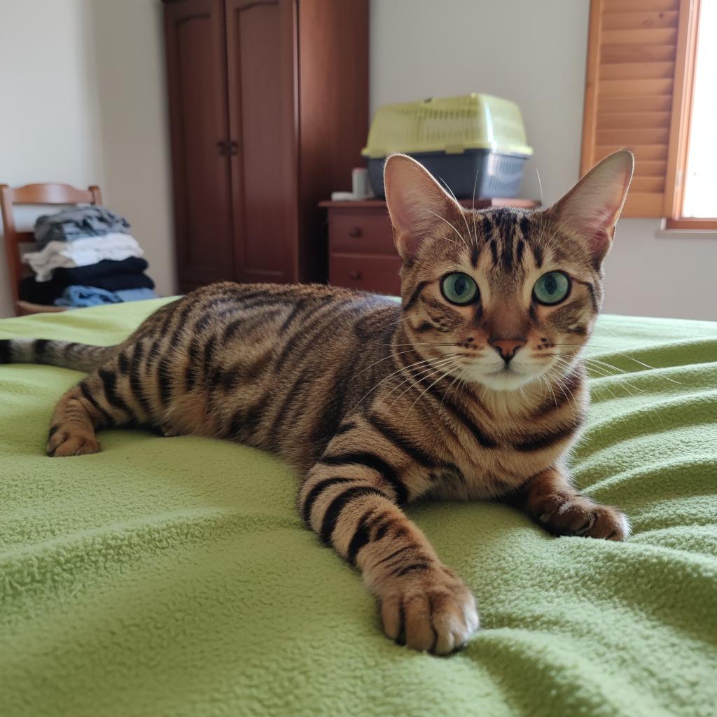 Texto alt (accesibilidad + SEO + CTA natural): Gato tigre Toyger de Topcats con pelaje naranja brillante y rayas negras, descansando en una cama verde y mirando atento con ojos azul verdosos.