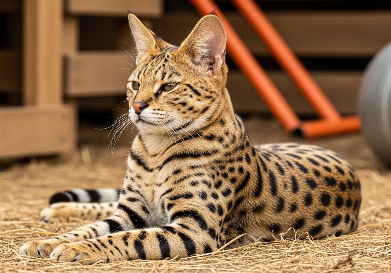 Gato tigre Savannah de Topcats tumbado sobre la hierba seca, con pelaje moteado y rayado que recuerda a un felino salvaje.