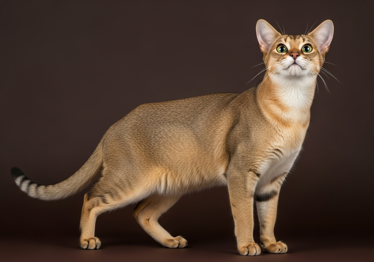 Gato tigre Chausie de Topcats con cuerpo alargado y pelaje marrón dorado, posando elegante sobre fondo oscuro.