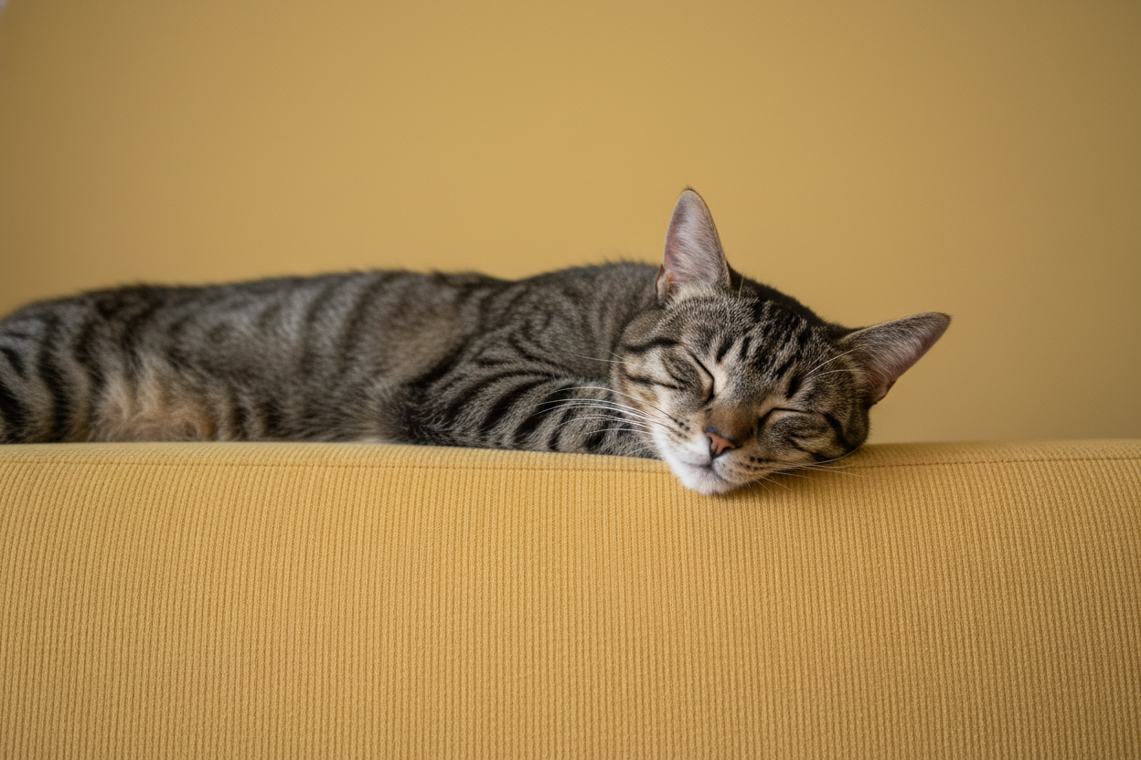 Gato doméstico de pelaje atigrado durmiendo profundamente sobre el respaldo de un sofá amarillo, con los ojos cerrados y expresión de calma, una escena que refleja los beneficios de tener un gato en casa como la tranquilidad y el bienestar emocional