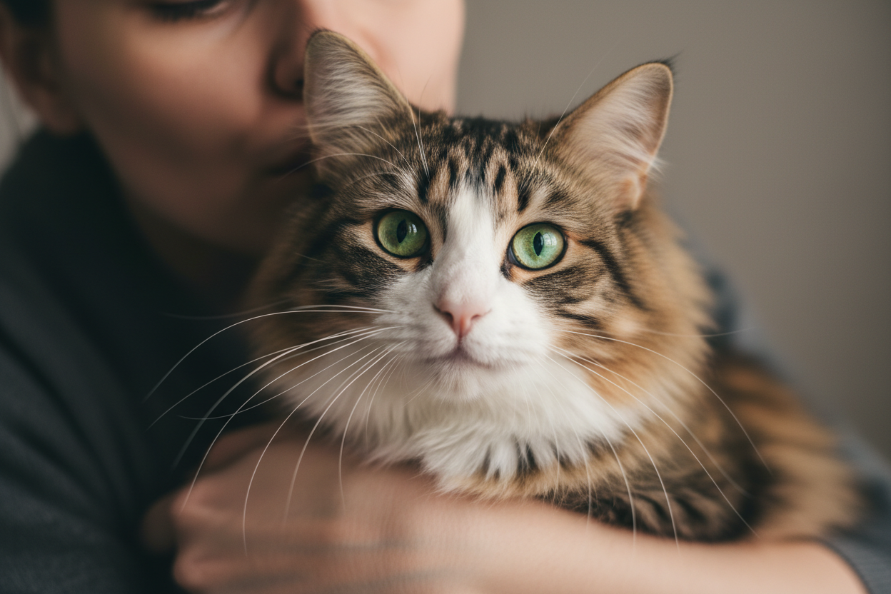 Persona abrazando con suavidad a un gato de pelo largo y mirada verde intensa, transmitiendo cercanía y vínculo emocional, una escena que refleja los beneficios de tener un gato en casa como el afecto y la conexión diaria