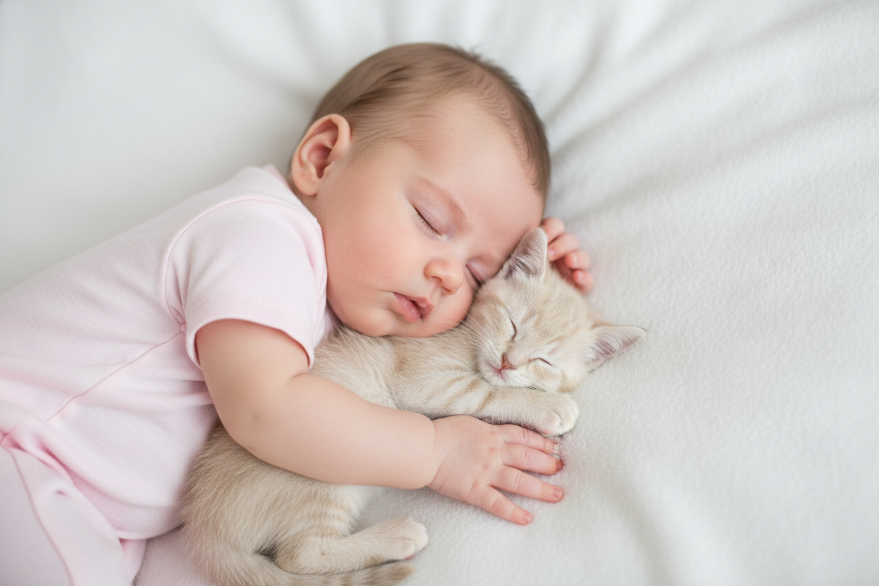 Bebé dormido abrazando a un pequeño gato de pelaje claro, ambos descansando juntos en una superficie blanca, una escena de calma y confianza que refleja los beneficios de tener un gato en casa y el vínculo temprano