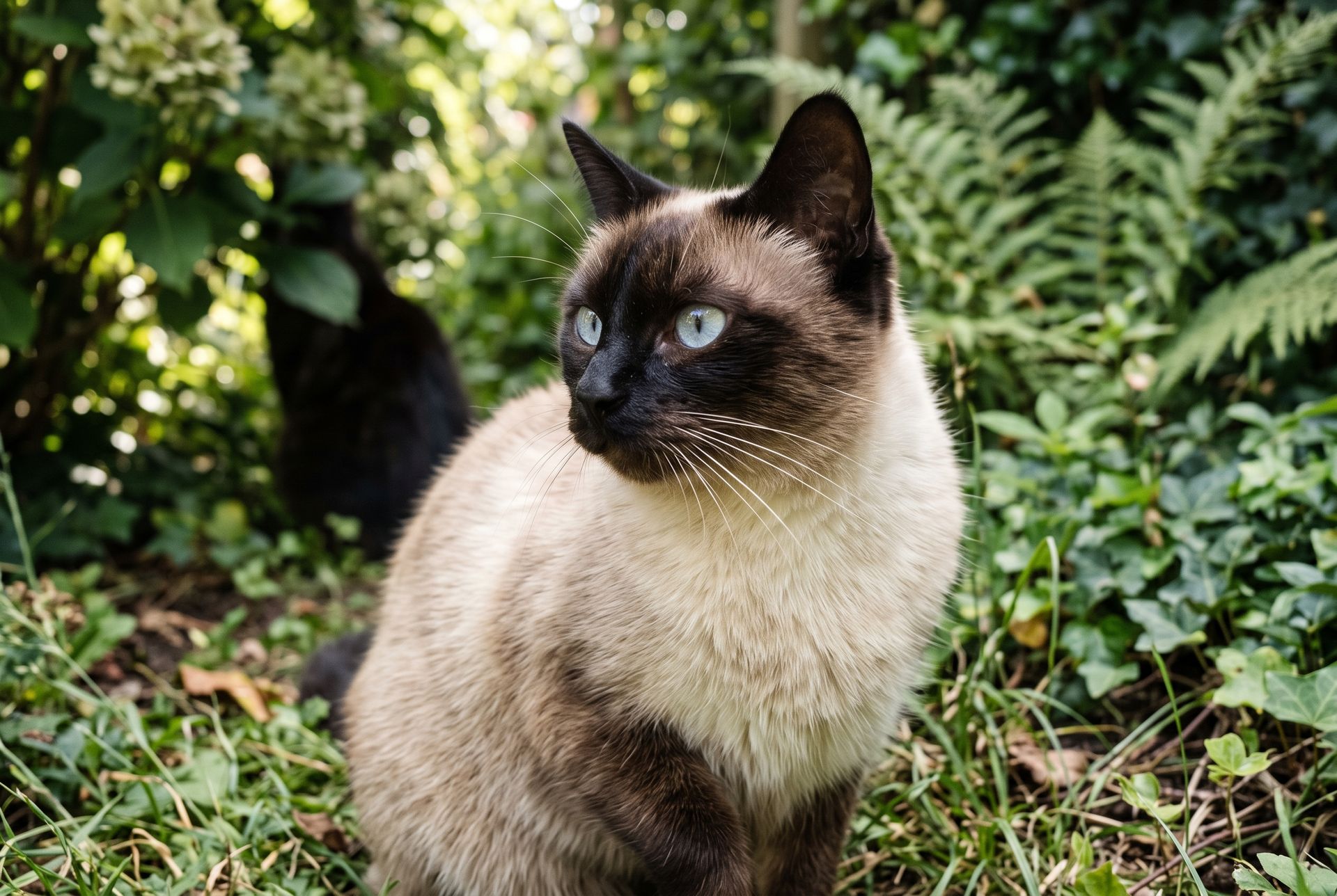 Gato siamés de pelaje colorpoint crema y marrón oscuro, relacionado con las razas orientales aunque no sea un gato chino, mirando hacia un lado en un entorno de jardín.