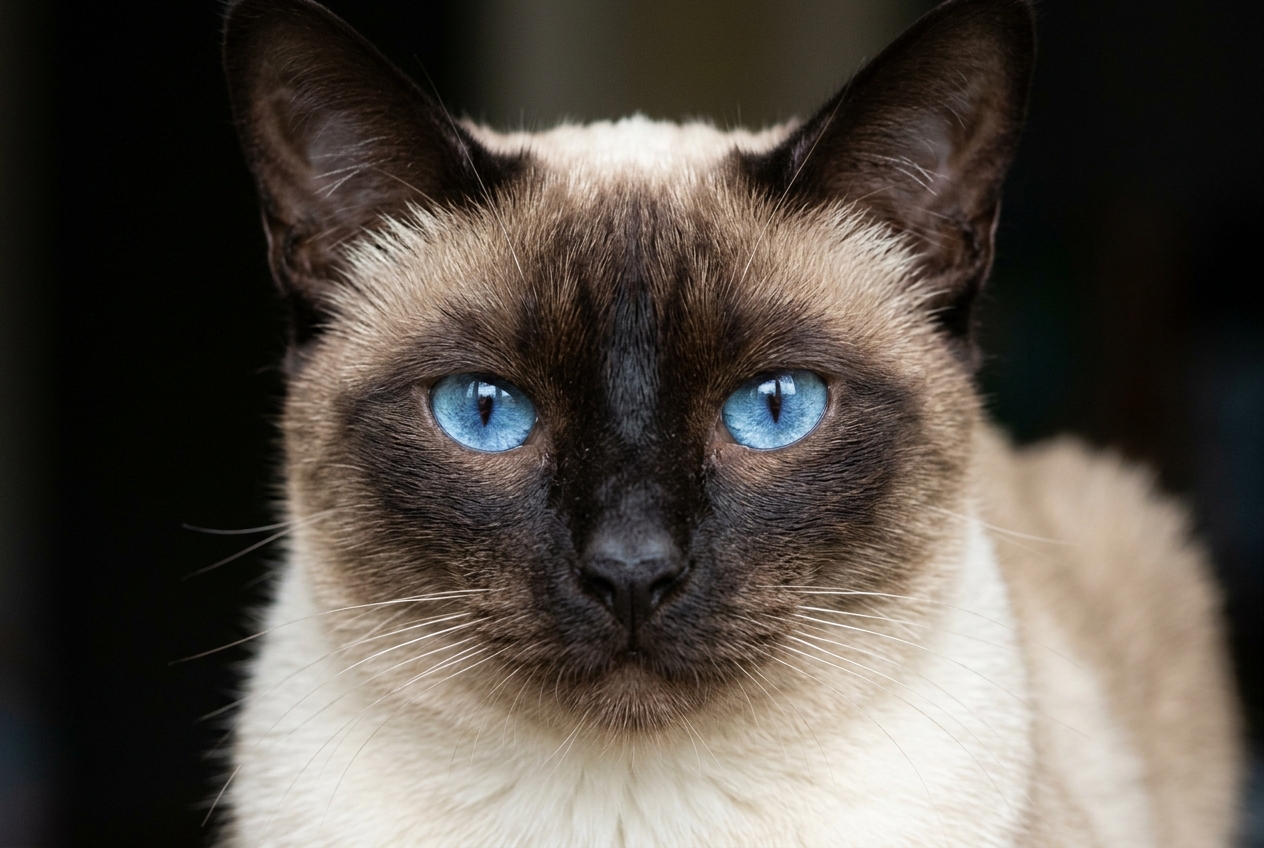 Primer plano de un gato siames seal point adulto con la mascara marron oscuro, el hocico negro y unos ojos azules intensos, sobre un fondo verde oscuro desenfocado.