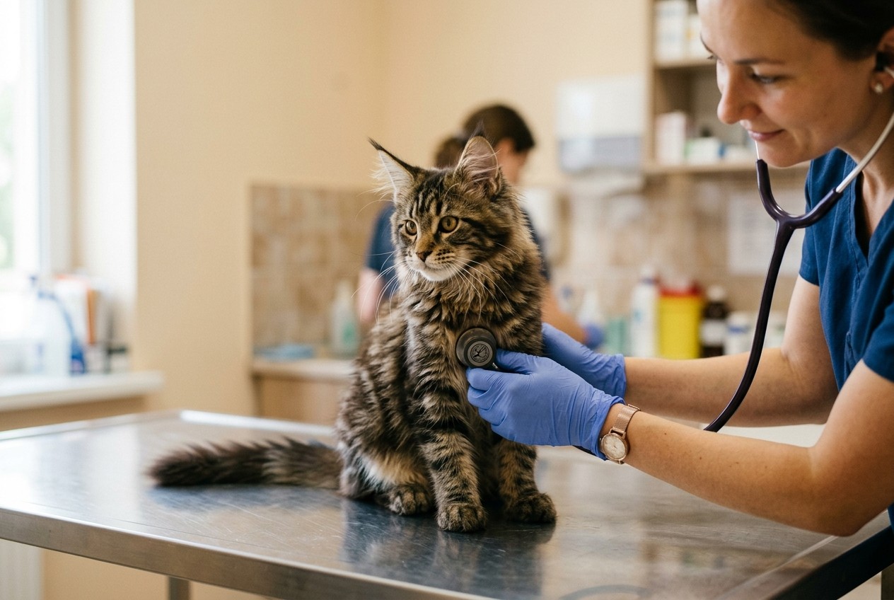 Gatito maine coon en una revisión veterinaria, la comprobación de salud previa a la entrega en un criadero responsable