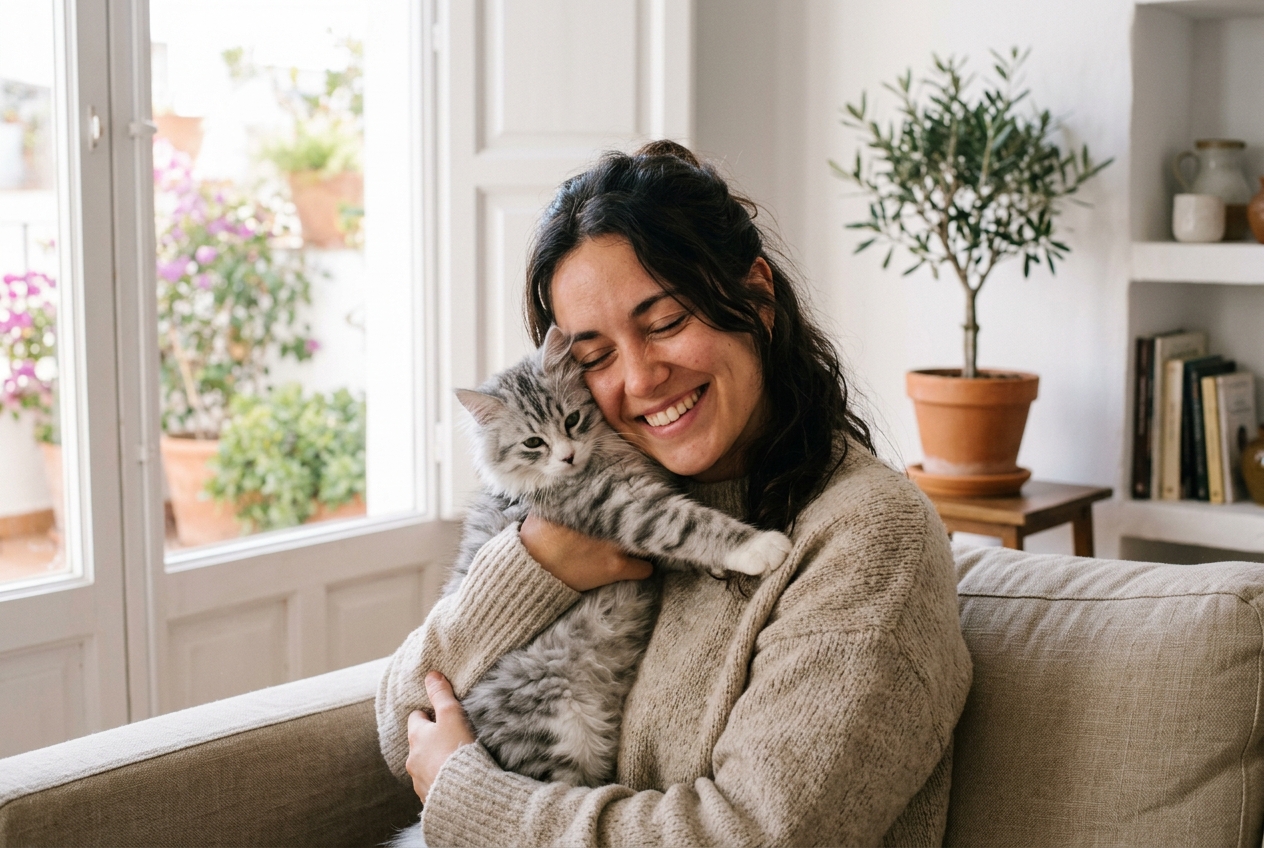 Mujer joven con un gatito siberiano en brazos pegado a la cara en un salón luminoso, la prueba de convivencia que recomendamos antes de comprar si hay alergia